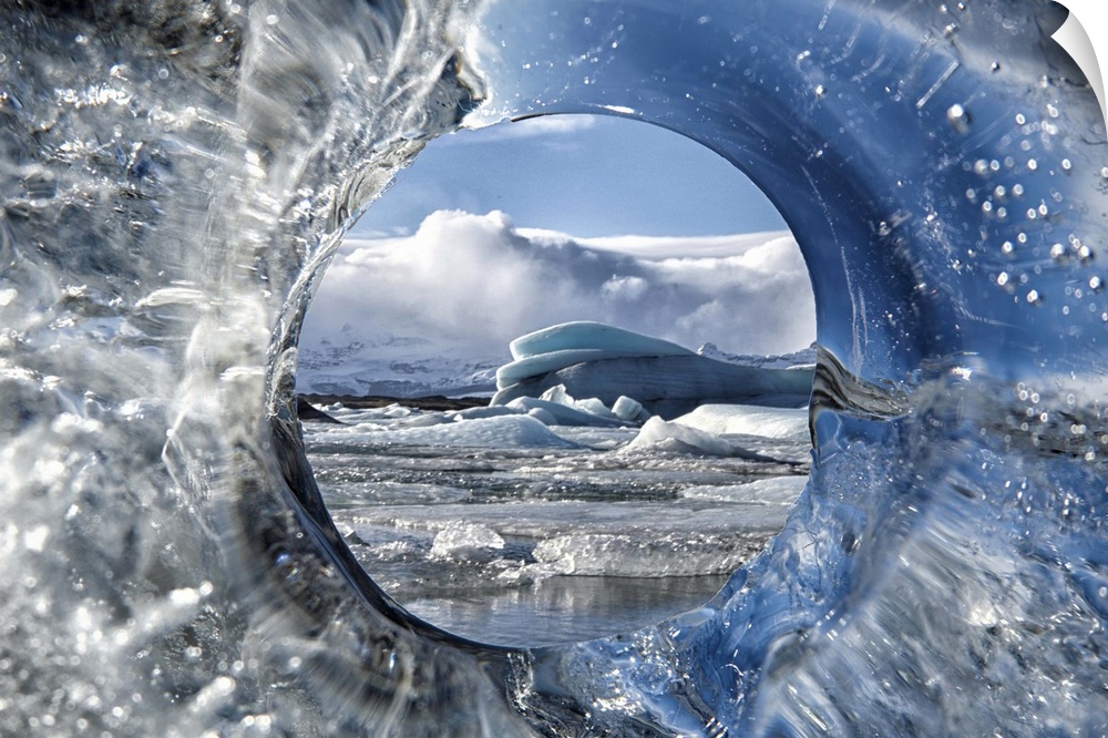 Looking through a hole of ice from a glacier.