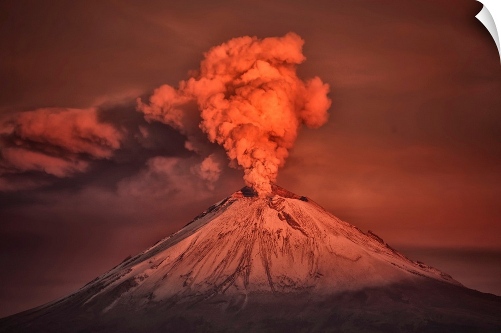 Eruption of Popopcatepetl volcano at sunrise, Mexico.