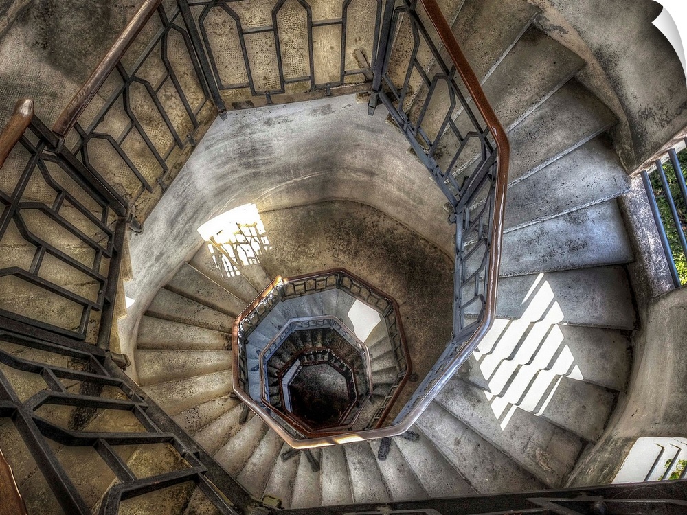 An old wooden staircase in a lighthouse in Como, Italy.