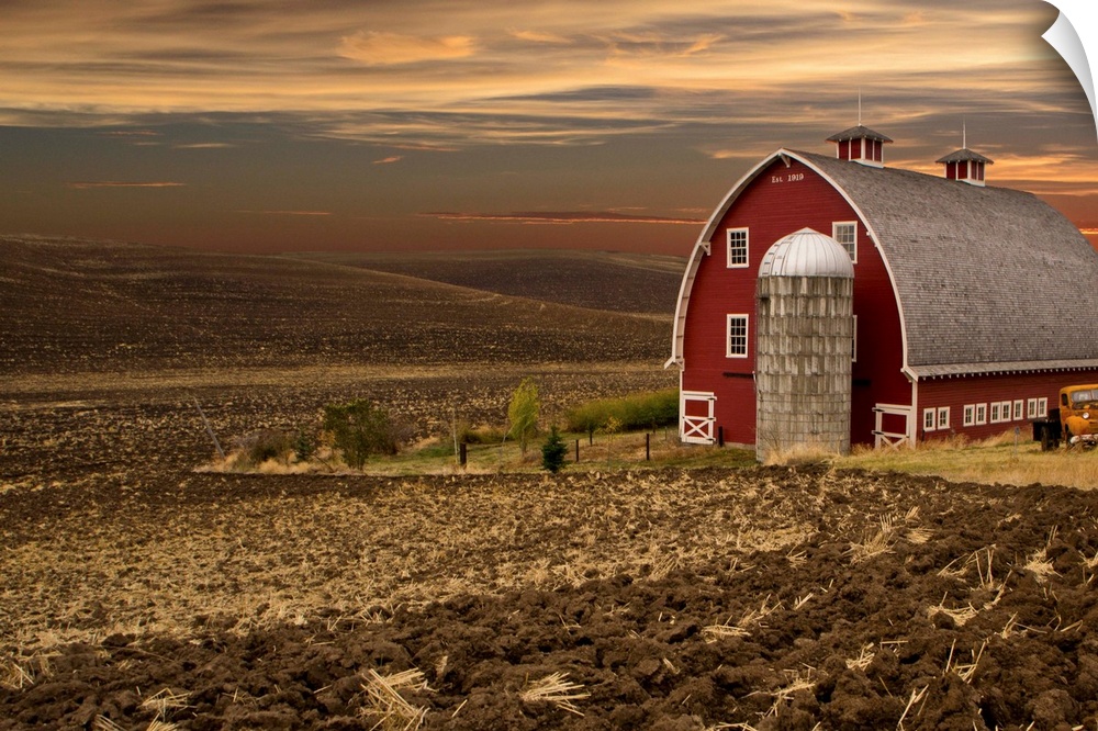 Large red barn at sunset, Palouse, Washington.
