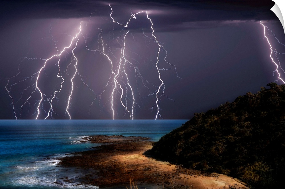 Lightning strikes over the sea, Great Ocean Road, Victoria, Australia.