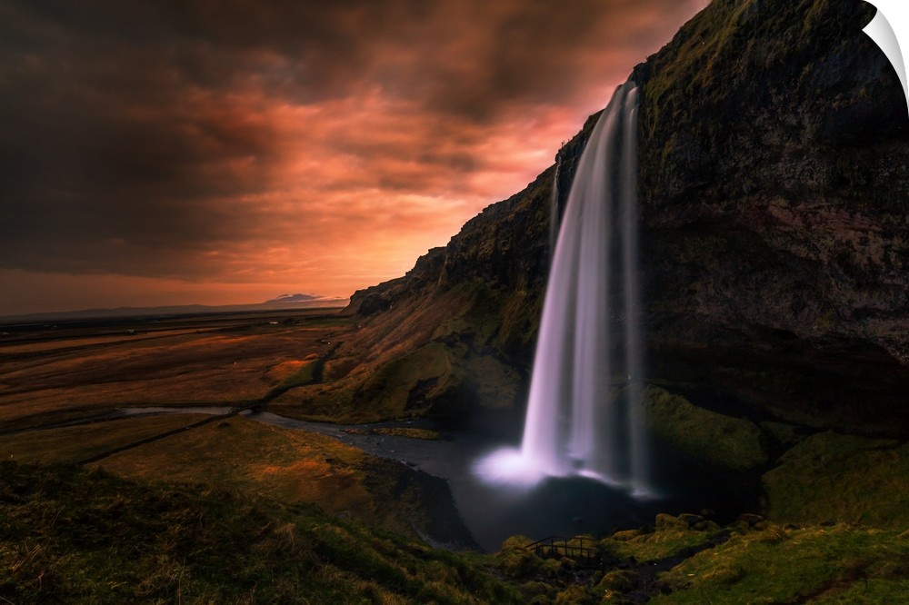 Seljalandsfoss Waterfall in Southern Iceland in the evening.