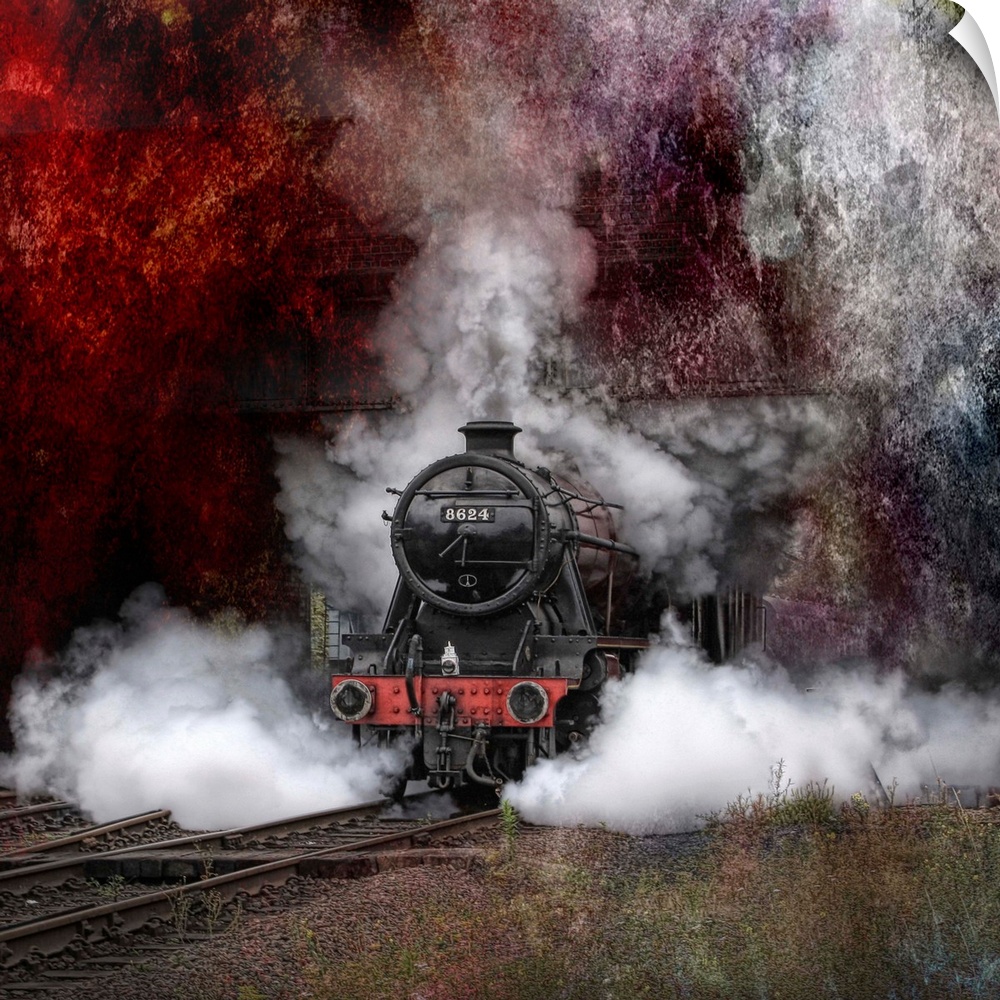 A steam locomotive barreling down rails with steam pouring out of the stack.