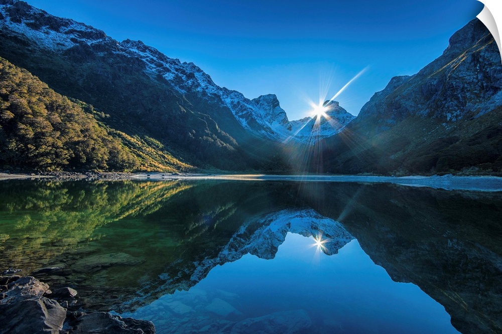 Mirror reflection of the mountains in the lake water, New Zealand.