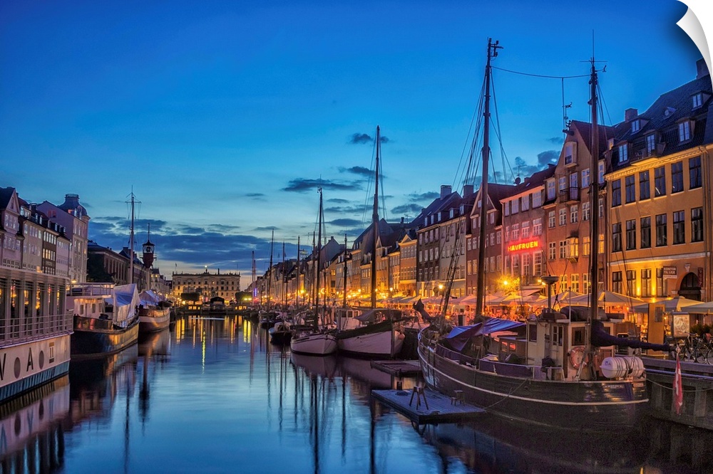 Waterfront with boats in the evening, Copenhagen, Denmark.
