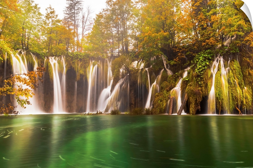 Several waterfalls around a lagoon in Plitvice Lakes, Croatia.