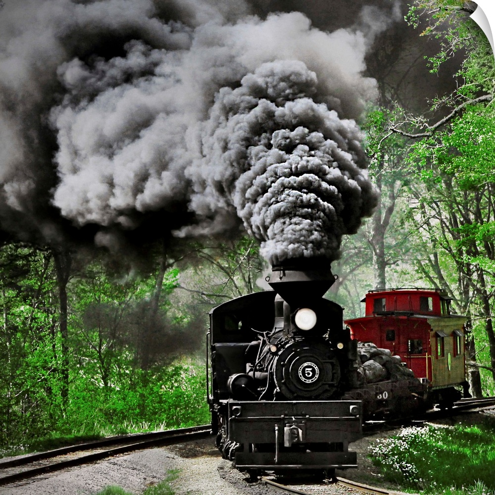 A photograph of a steam locomotive barreling down railroad tracks in a forest with massive clouds of smoke pouring from th...