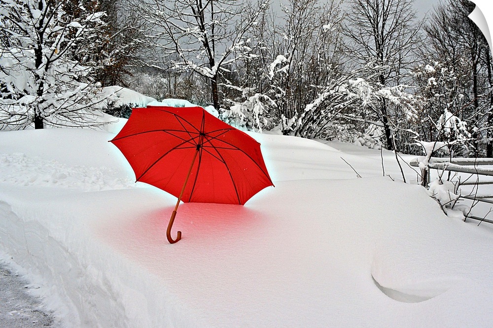 A bright red umbrella stands out against the white snowscape.
