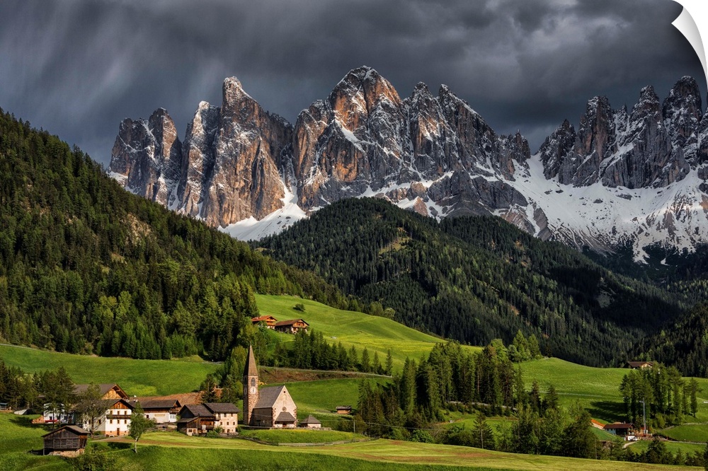 The Alpine village of Santa Maddalena, in the Val di Funes. The background mountains are the Odle group in the Italian Dol...