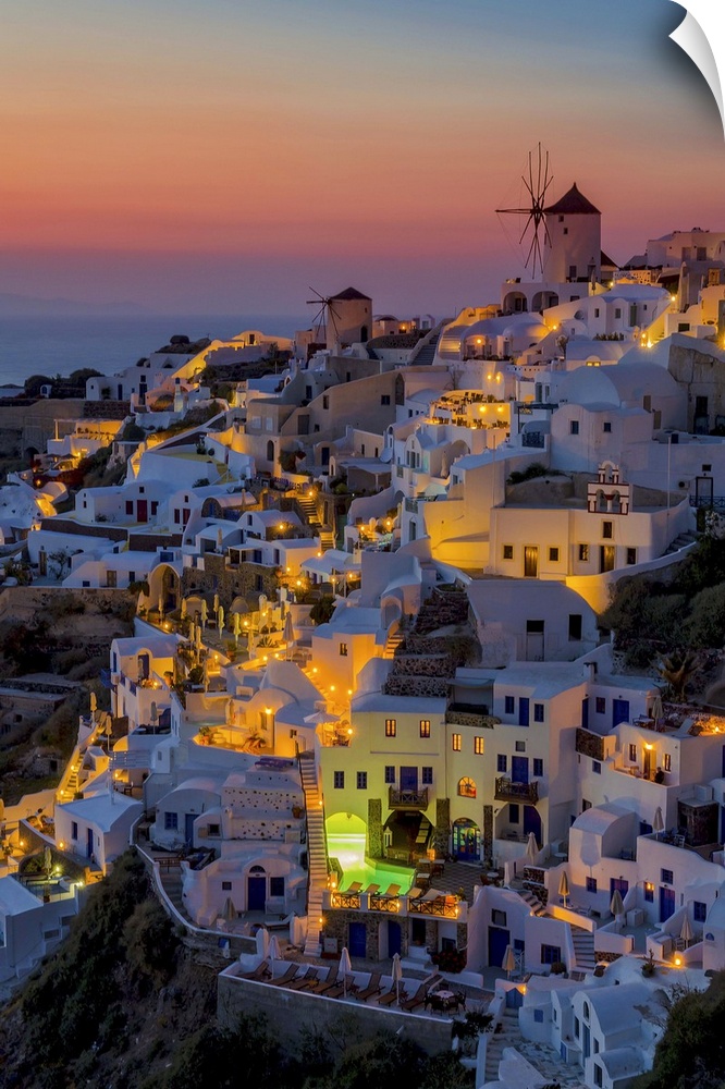 Aerial view of Santorini in Greece at sunset.