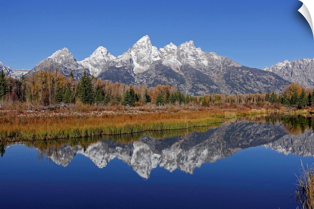 The Grand Tetons reflected on the Snake river near Jackson, Wyoming.