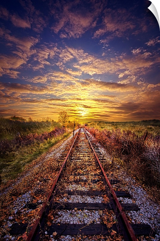 Railroad tracks leading to the horizon at sunset, Wisconsin.