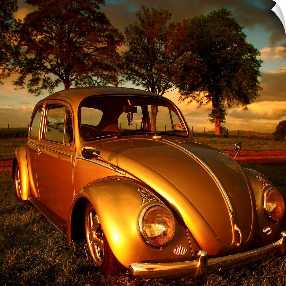 An old Volkswagen Beetle glowing golden in the sunlight.