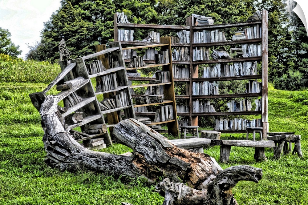 This is a wooden Library in the Stone Quarry Gallery Art Park in Cazenovia, New York.