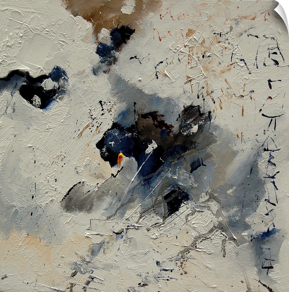 A square abstract painting of colors of brown, white and gray in bold brush strokes and splattered paint.