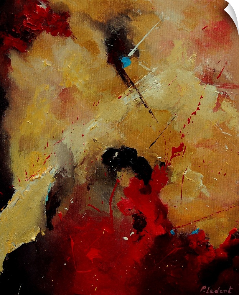 A vertical abstract painting with deep colors of red, orange and yellow.