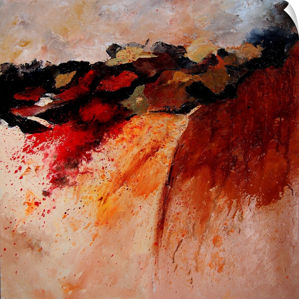 Abstract painting of colors of orange, red and black in textured brush strokes and splattered paint.