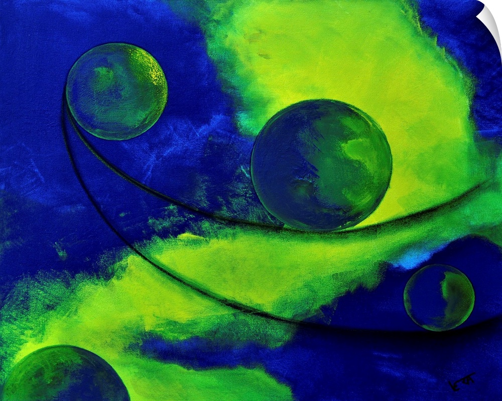 Abstract painting of circles and bold strokes of paint in colors of green, yellow and blue.