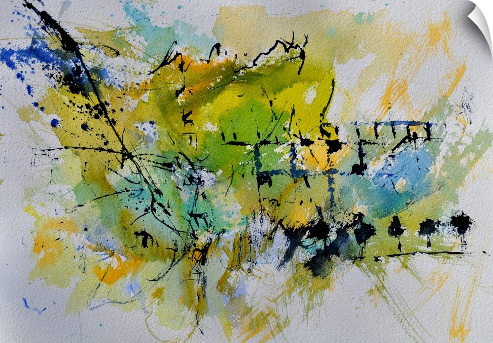 A horizontal abstract painting in shades of green, blue and yellow with splatters of paint overlapping.
