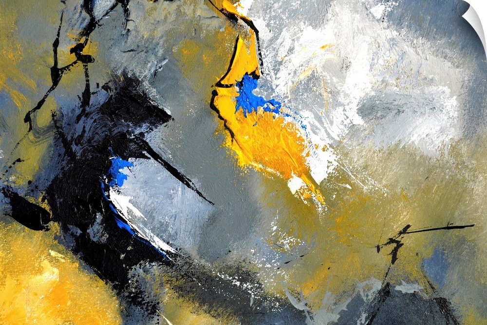 Abstract painting in textured shades of black, blue, white, gray and yellow with splatters of paint overlapping.
