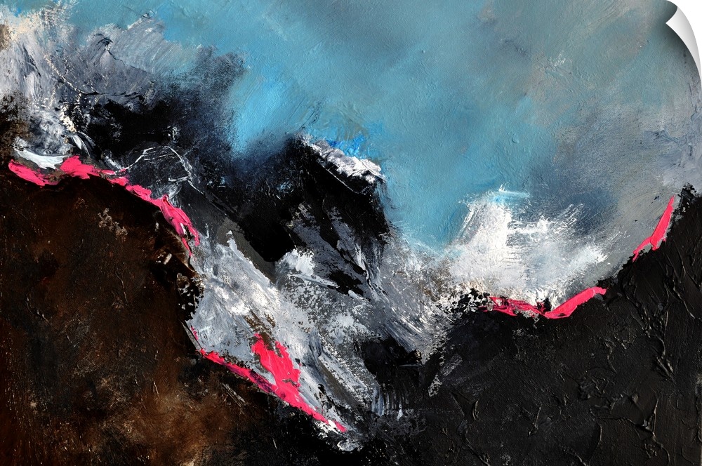 Abstract painting in texured shades of black, blue, pink and white with splatters of paint overlapping.