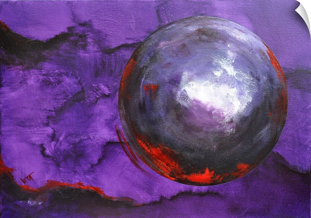 Abstract painting of circles and bold textures of paint in colors of purple, white and red.