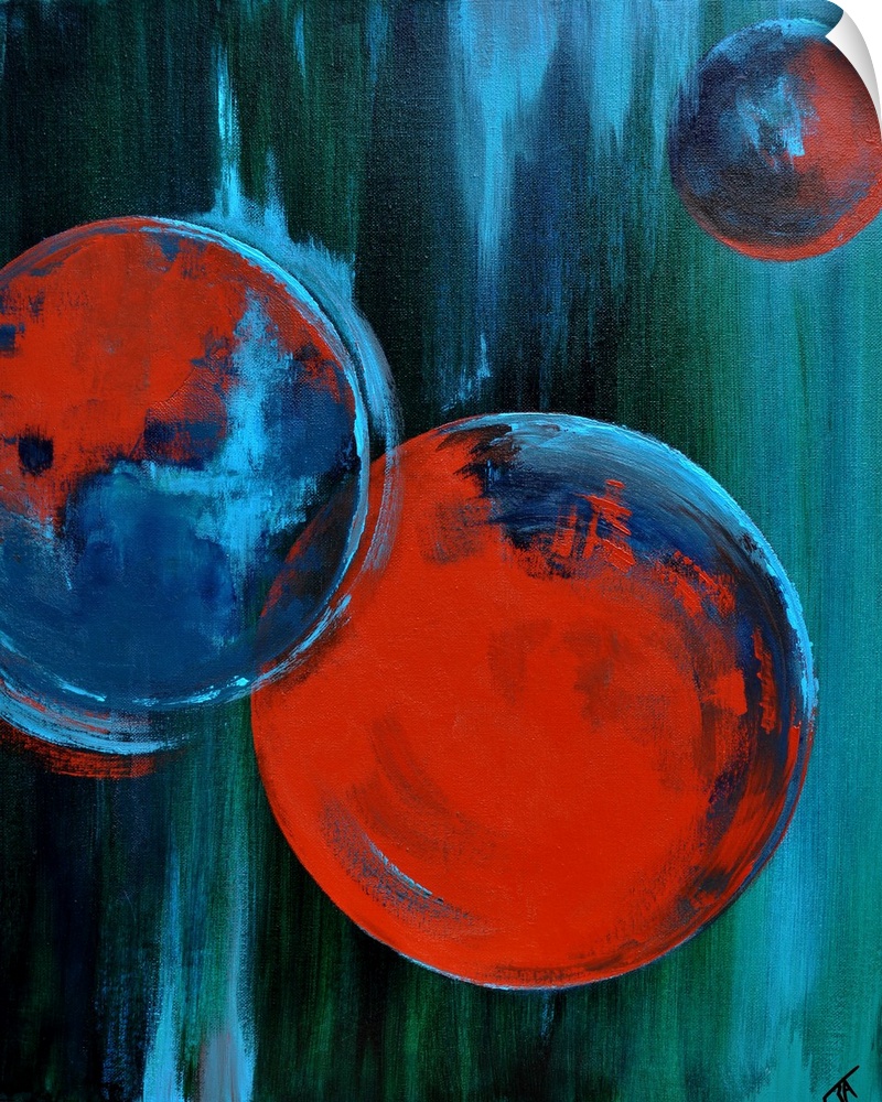 Abstract painting of circles and bold strokes of paint in colors of blue, black and red.