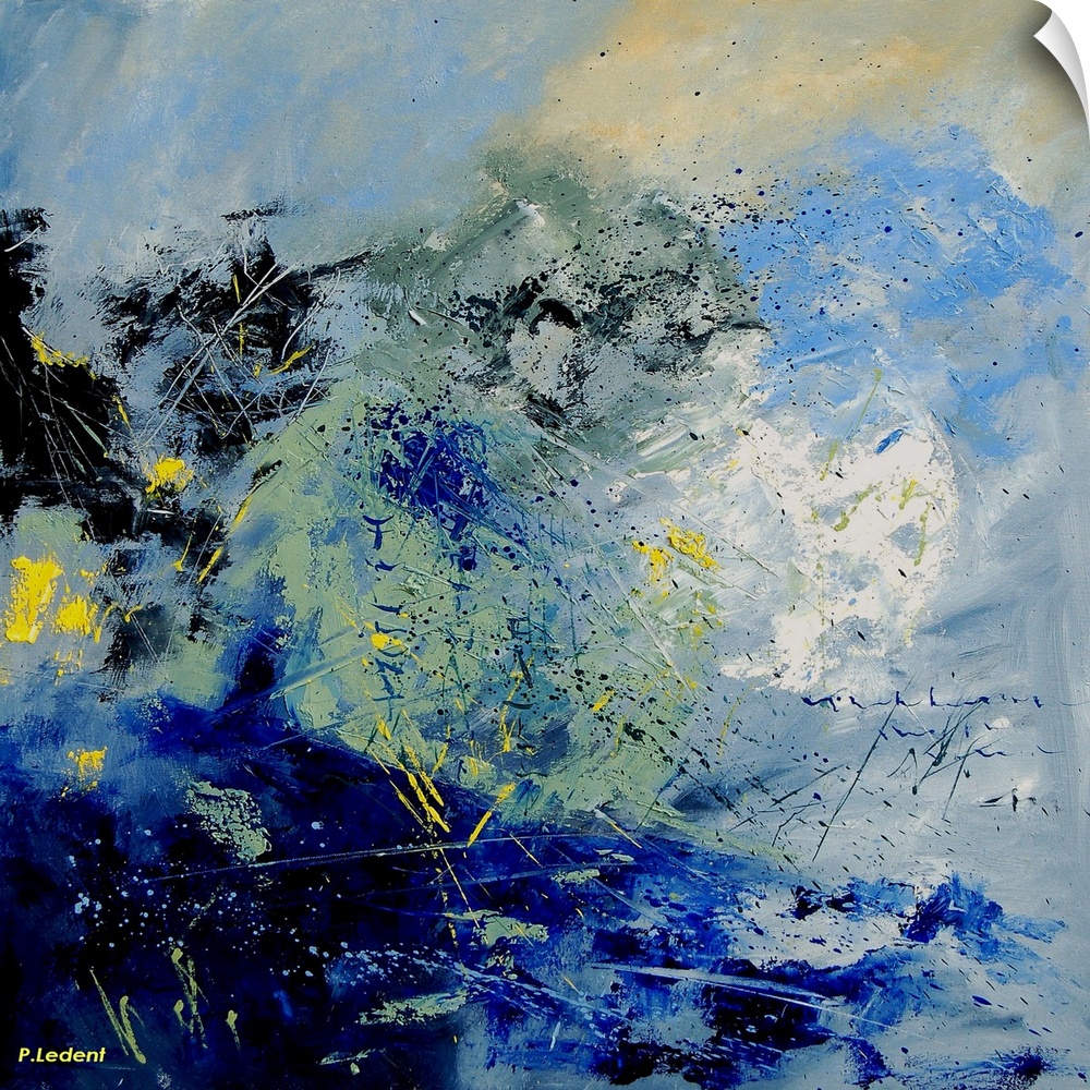 A vertical abstract painting in textured shades of black, blue, white and yellow with splatters of paint overlapping.