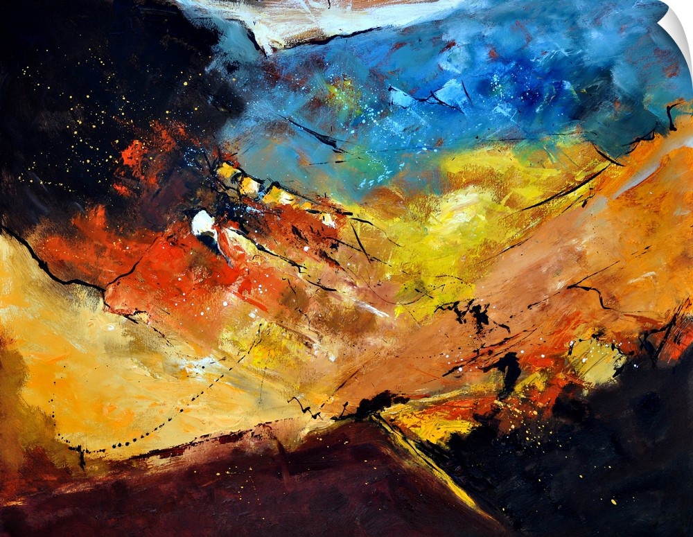 A horizontal abstract landscape with vivid colors of yellow and orange.