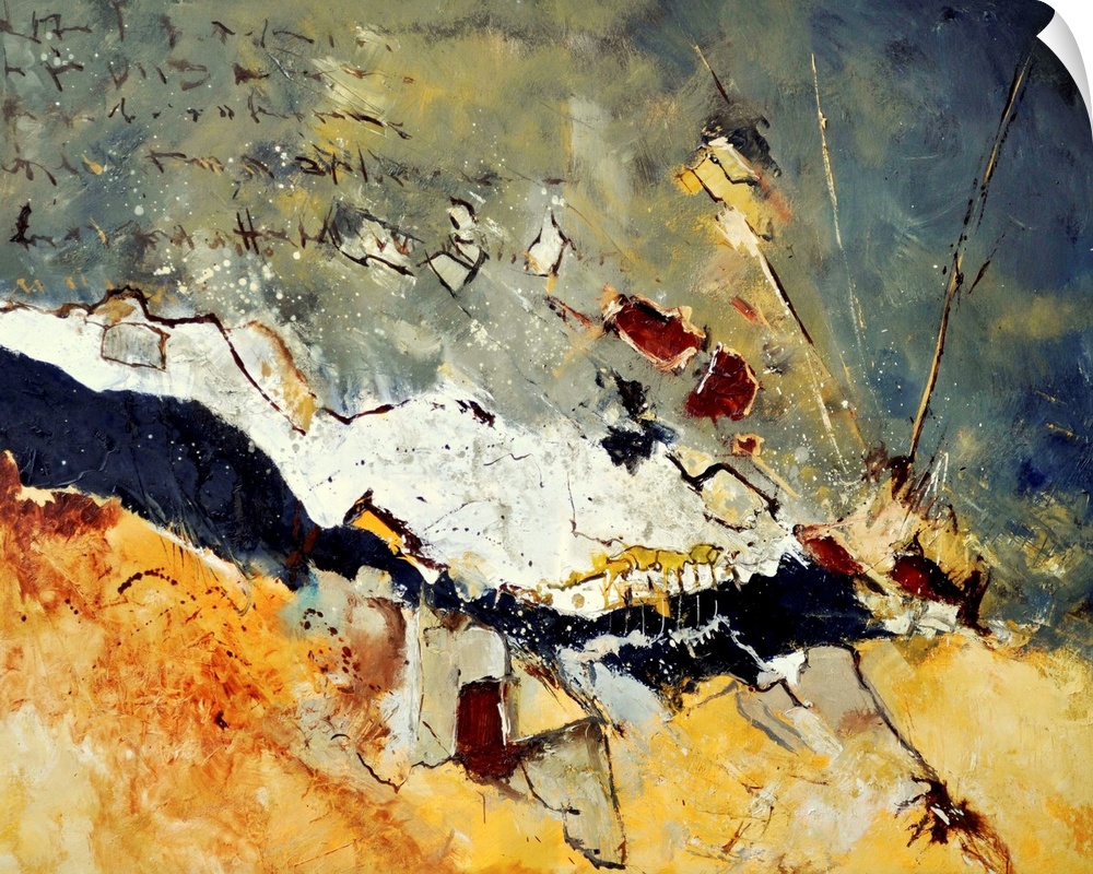 A horizontal abstract painting in dark shades of black, orange, white and yellow with splatters of paint overlapping.