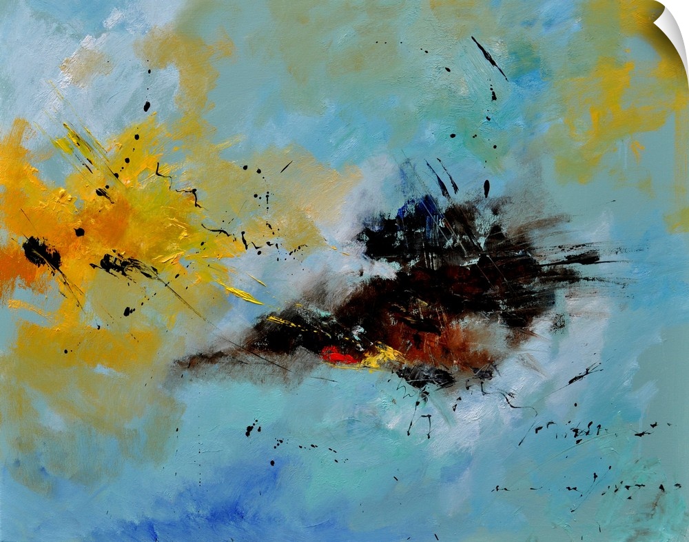 A horizontal abstract painting of blue green and yellow with brush strokes of black in the center.