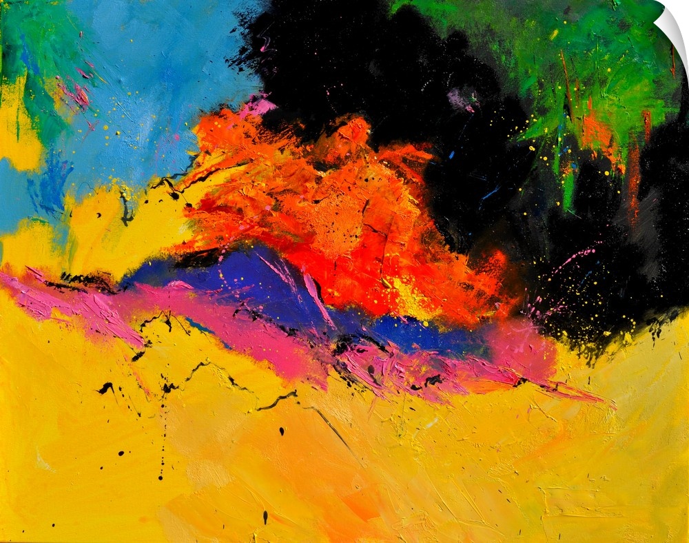 A horizontal abstract painting in vibrant colors of yellow, orange, pink and green with splatters of paint overlapping.