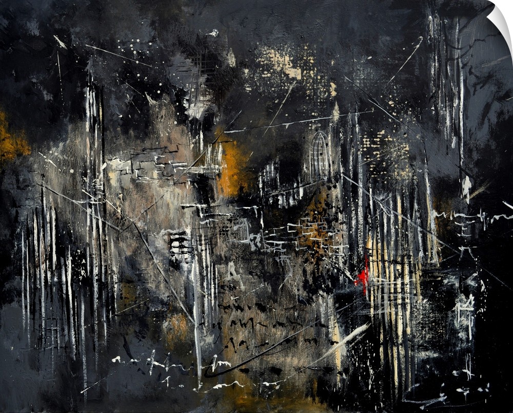 Abstract painting in dark shades of black, white and gray with splatters of paint overlapping and vertical lines.