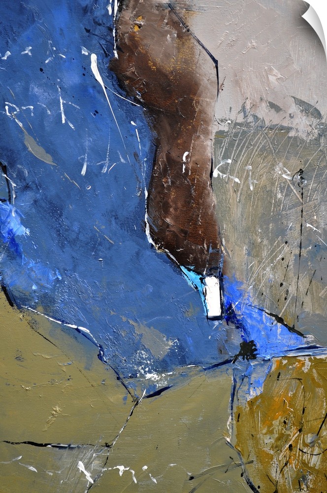 Abstract painting in textured shades of brown, blue, gray and yellow with splatters of paint overlapping.