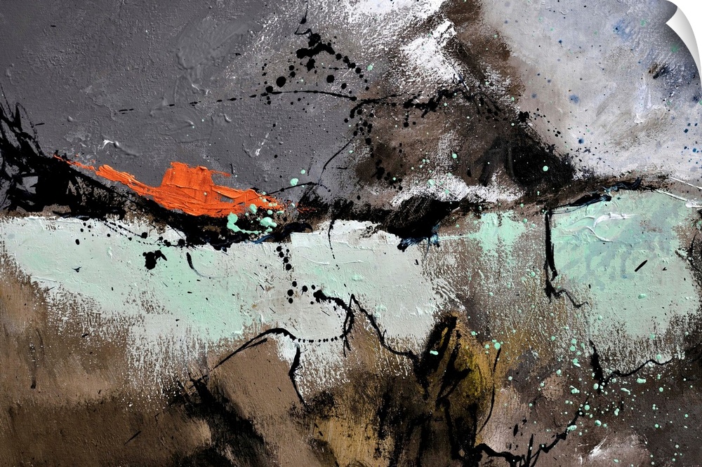 Abstract painting in textured shades of black, teal, brown, orange and white with splatters of paint overlapping.
