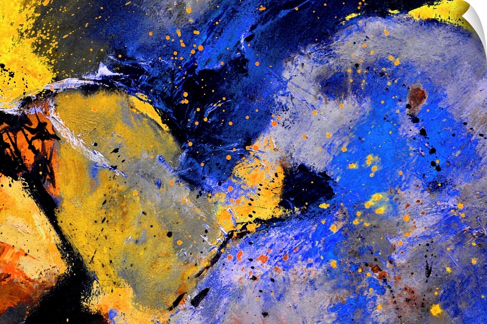 Abstract painting in dark shades of black, blue, white and yellow with splatters of paint overlapping.