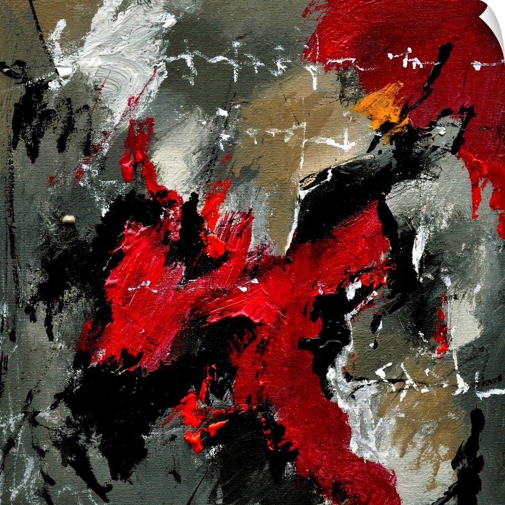 A square abstract painting with deep textured colors of red and gray.