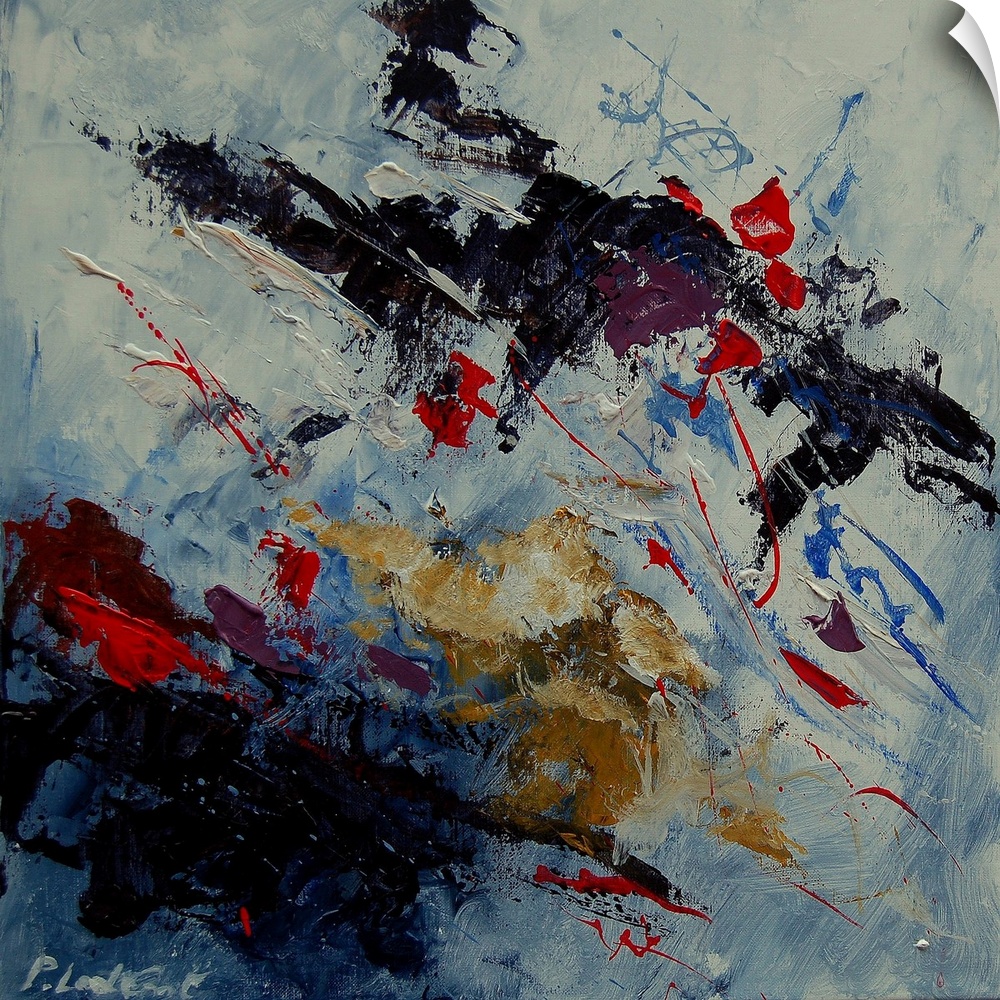 A square abstract painting of colors of black, white and blue and hints of red in textured brush strokes and splattered pa...