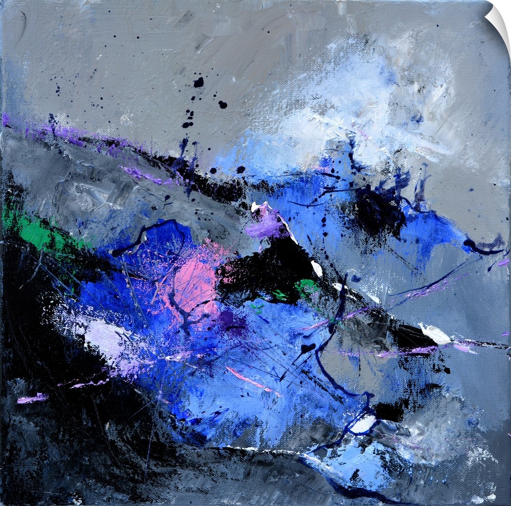 A square abstract painting in textured shades of pink, blue, green and gray with splatters of paint overlapping.