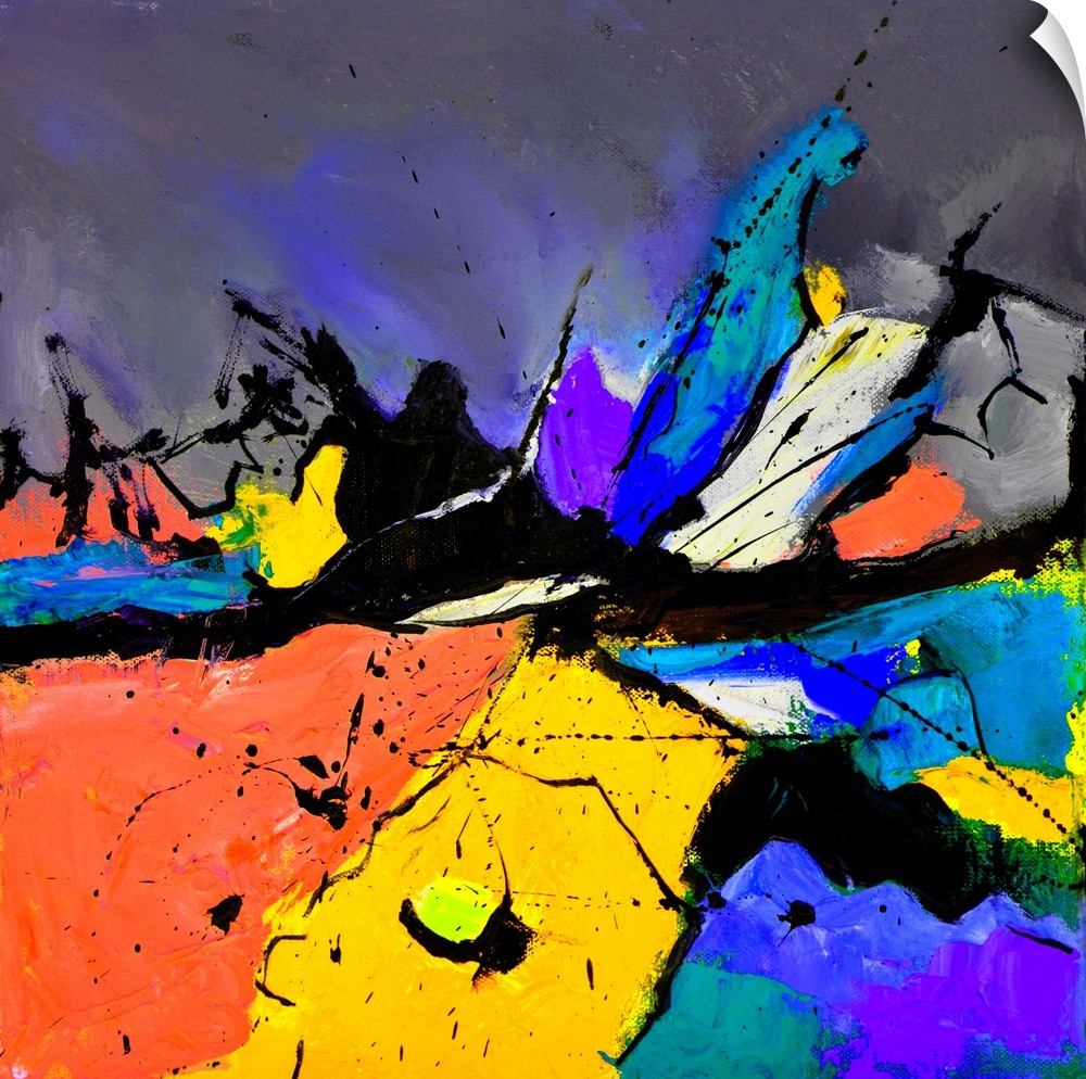 A square abstract painting in vibrant shades of orange, blue, purple and yellow with splatters of paint overlapping.