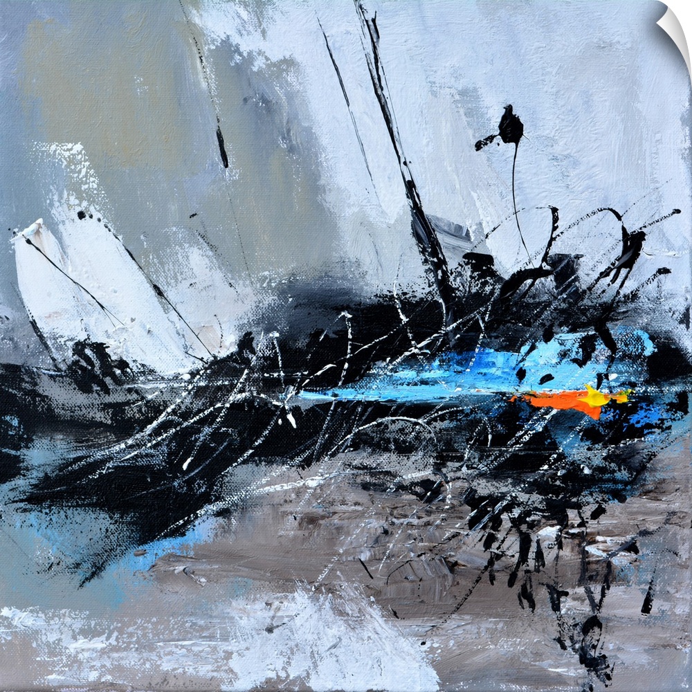 A square abstract painting in shades of black, blue, gray and orange with splatters of paint overlapping.