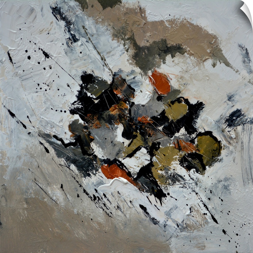 A square abstract painting with shades of gray with brown accents.