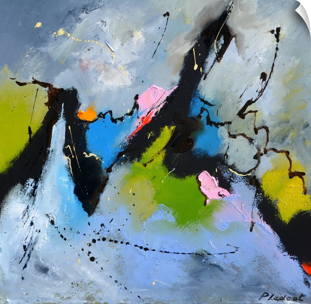 Square abstract painting in textured shades of black, blue, pink, and green with splatters of paint overlapping.