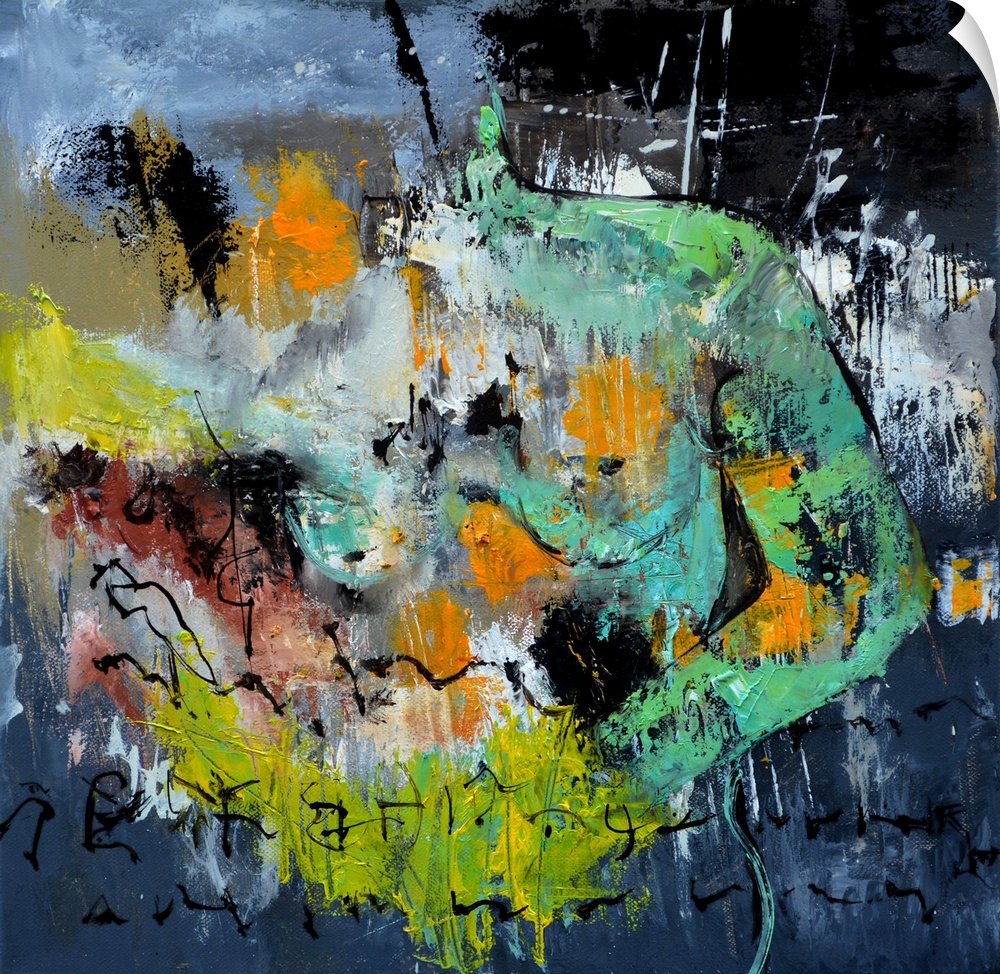 A square abstract painting in dark shades of green, gray, orange and yellow with splatters of paint overlapping.