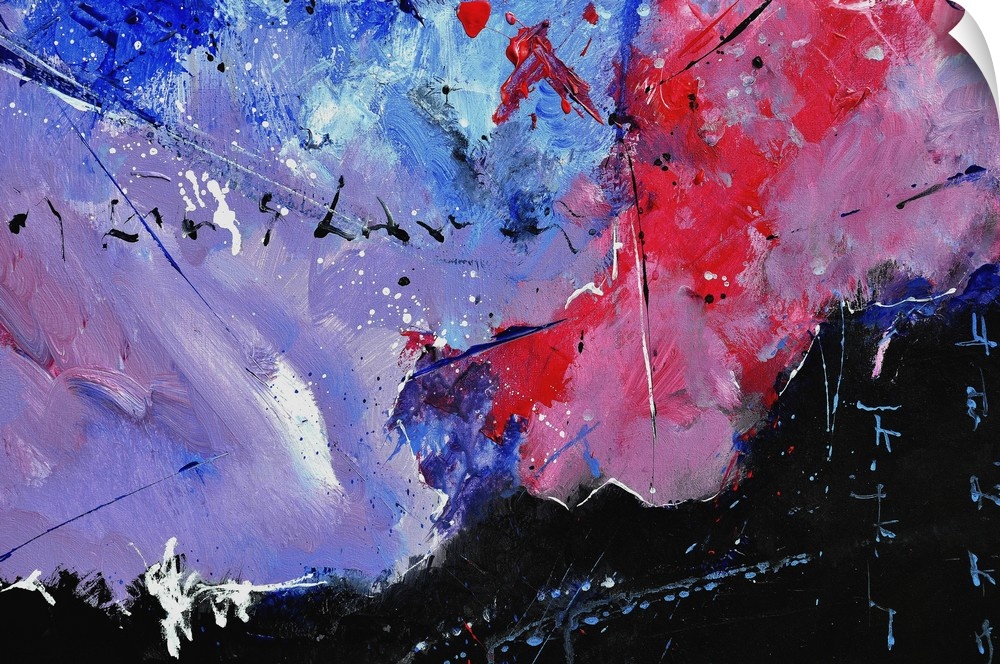 Abstract painting in shades of black, blue, red and purple with splatters of paint overlapping.