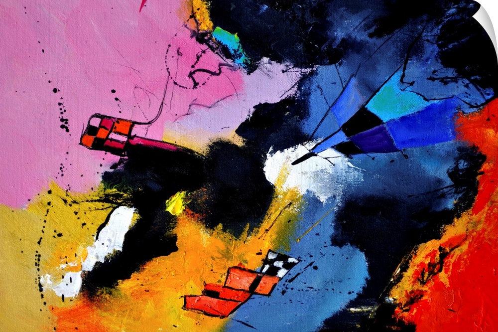 A horizontal abstract painting in vibrant shades of blue, pink, red and yellow with splatters of paint overlapping.
