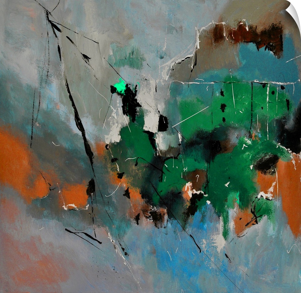 A square abstract painting in dark shades of green, blue and brown with splatters of paint overlapping.