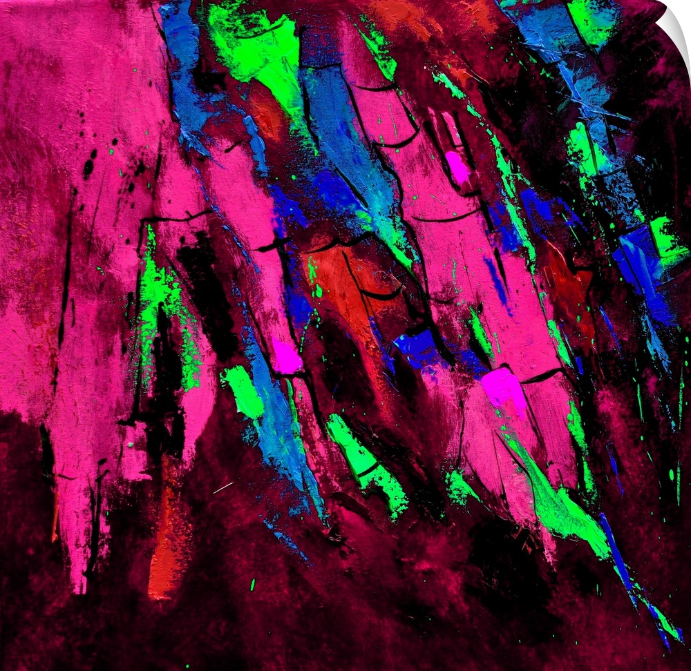 Abstract painting in shades of pink, blue and green mixed in with black contrasting designs.