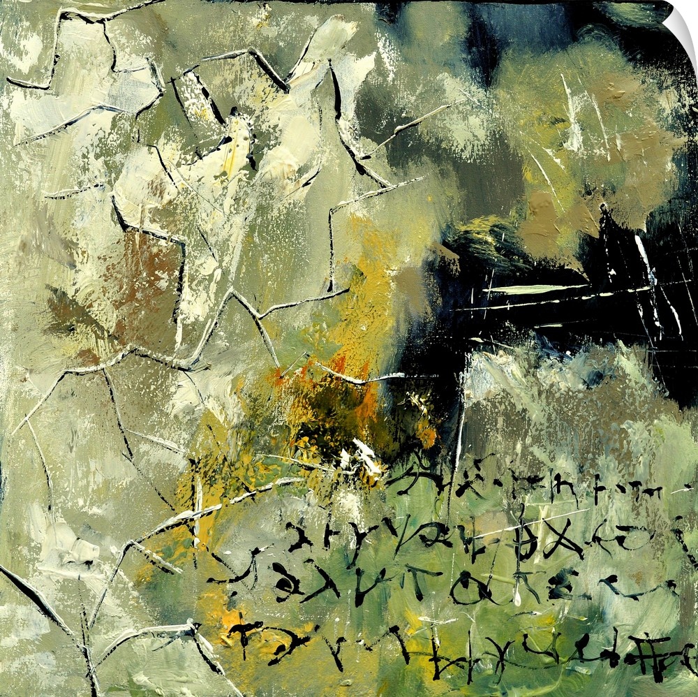 A square abstract painting in textured shades of black, green and yellow with splatters of paint overlapping.