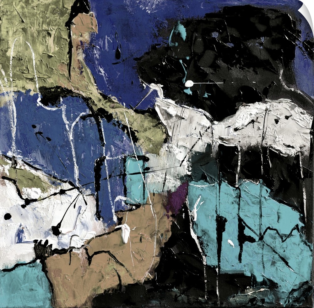 A square abstract painting in textured shades of black, blue, white and brown with splatters of paint overlapping.